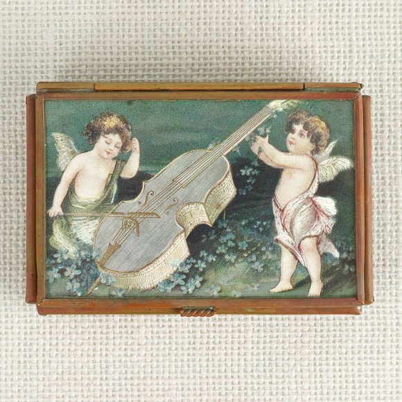 Vintage Cupid Angel Glass Brass Jewelry Trinket Box - Picture 1 of 7